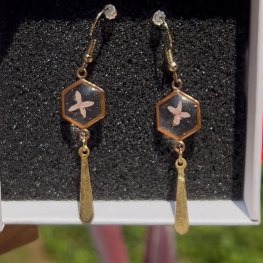 Gold and Pink Flower Hexagon Drop Earrings